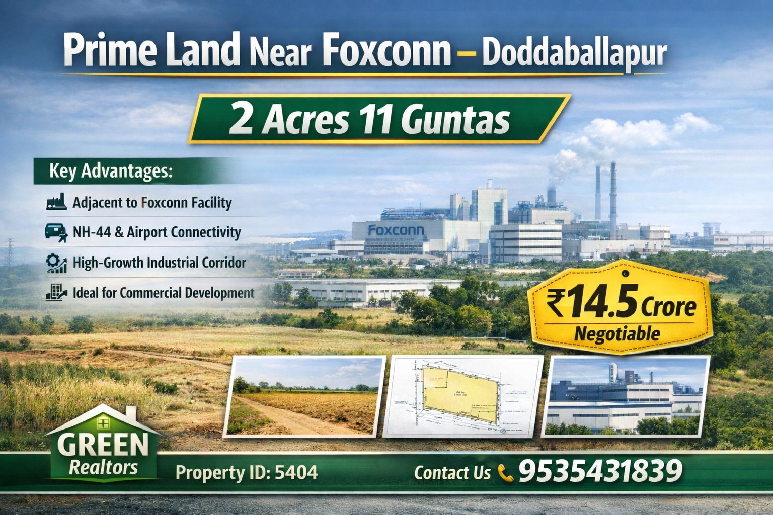 *property id 5404* *🔥 2.11 acre Prime Investment Land for Sale – Near Foxconn, Doddaballapur 🔥*